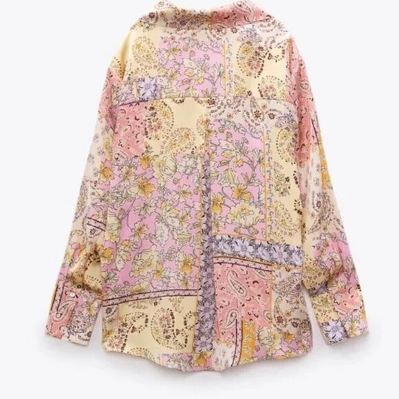 💕ZARA💕 Printed Satin Effect Shirt ~ Pink Multi-Color Paisley Print Medium - Picture 9 of 16